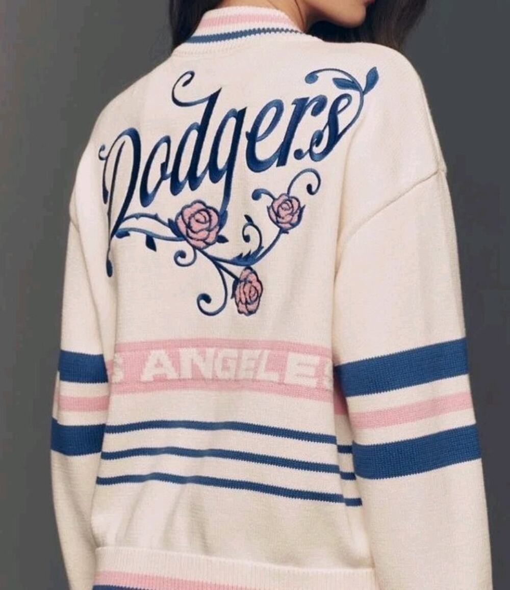 Anthropologie LA Dodgers MLB Zip-Up Knit Sweater Jacket L White Blue Pink